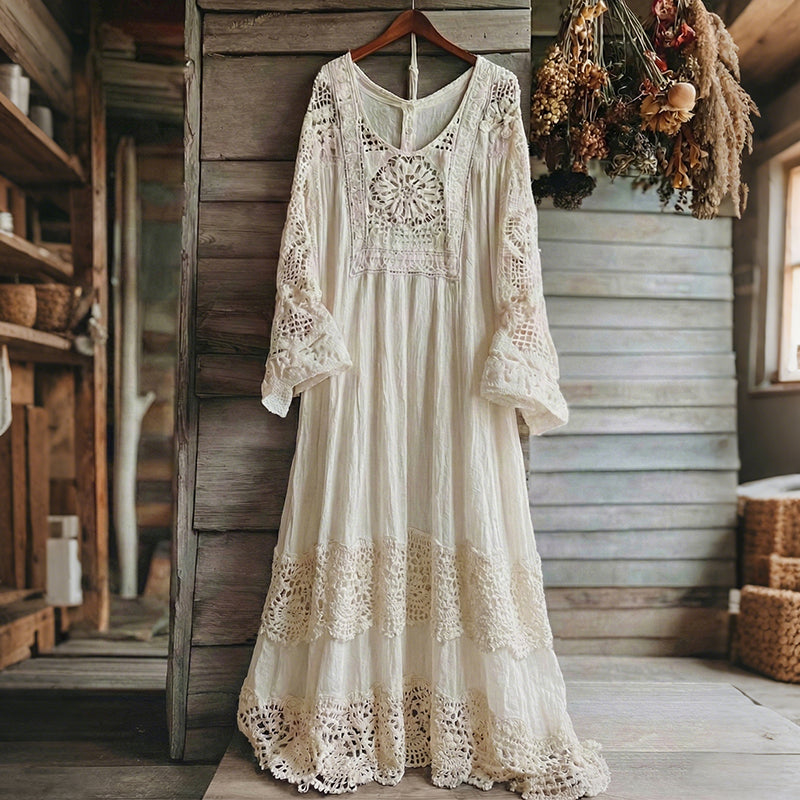Women's Retro Lace Floral Pattern V-neck Long Sleeve Midi Dress elevenforest