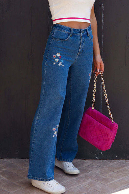 Street Embroidered Mid Waist Denim Jeans