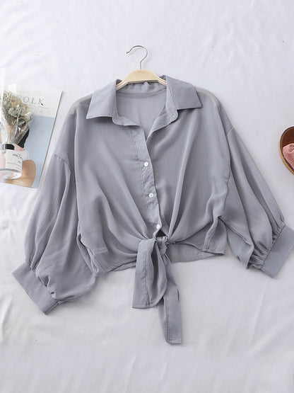 Chiffon Shirts Summer Half Sleeve Buttoned Up Shirt Loose Blouse Tied Waist Blouses for