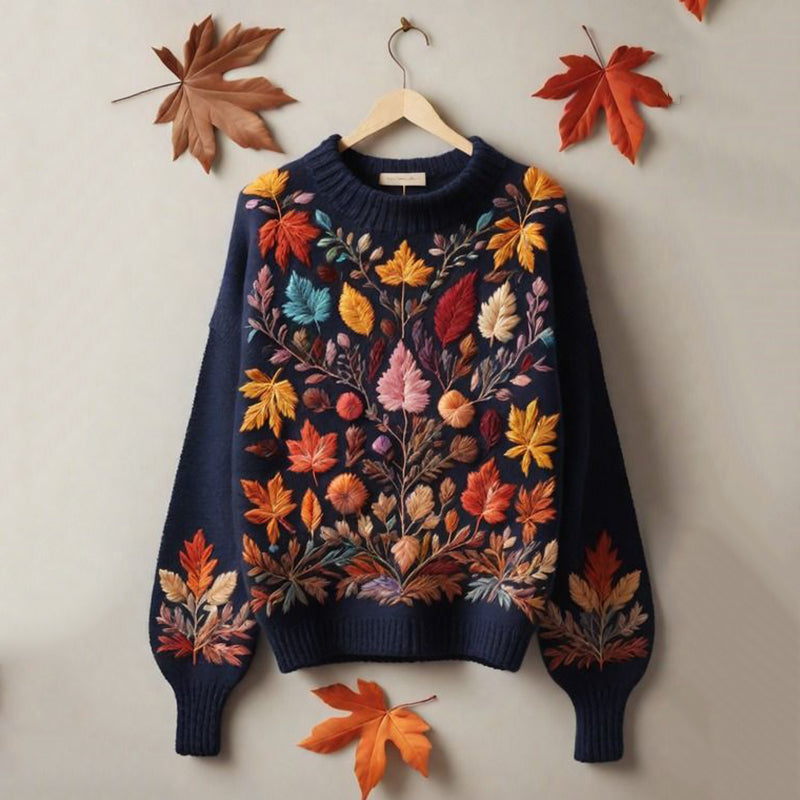 Fall Flower Leaves Autumn Art Print Knitted Pullover Sweater artswardrobe