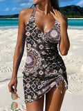 Retro Flower Print Pleated Drawstring V-neck Tankini Pantskirt Set Swimsuit