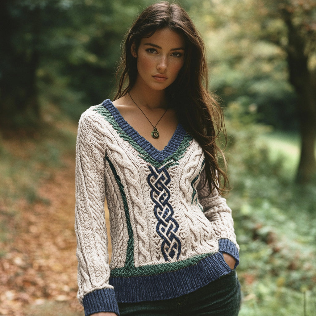Vintage V-neck Knitted Two-tone Jacquard Irish Aran Sweater elevenforest