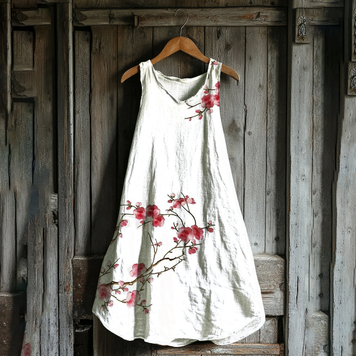 Vintage Cherry Blossom Art Linen Blend Tank Dress elevenforest