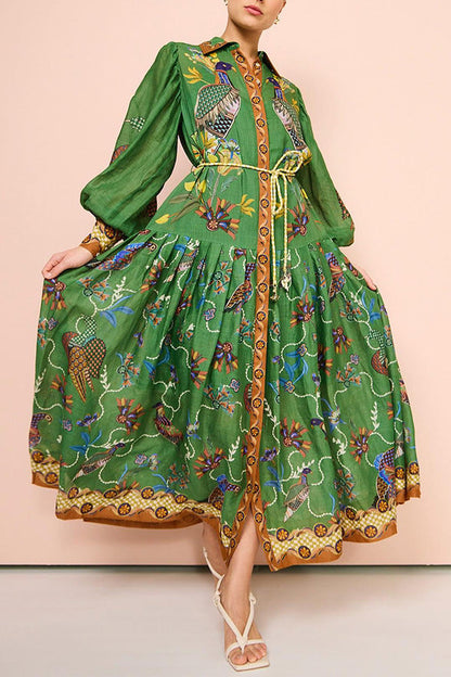 Autumn Printed Cardigan Dress With Wide Hem and Long Sleeves for