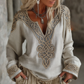 Women's Vintage Viking Celtic Knot Embroidered Art Cozy Linen Shirt elevenforest