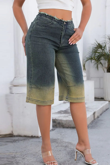 Gradient Make Old Patchwork Pocket Buttons Zipper Mid Waist Loose Denim Shorts