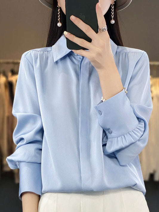Long Sleeves Loose Buttoned Pleated Color Lapel Blouses&shirts Tops
