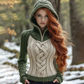 Women's Irish Celtic Knot Jacquard Contrast Hooded Sweater elevenforest