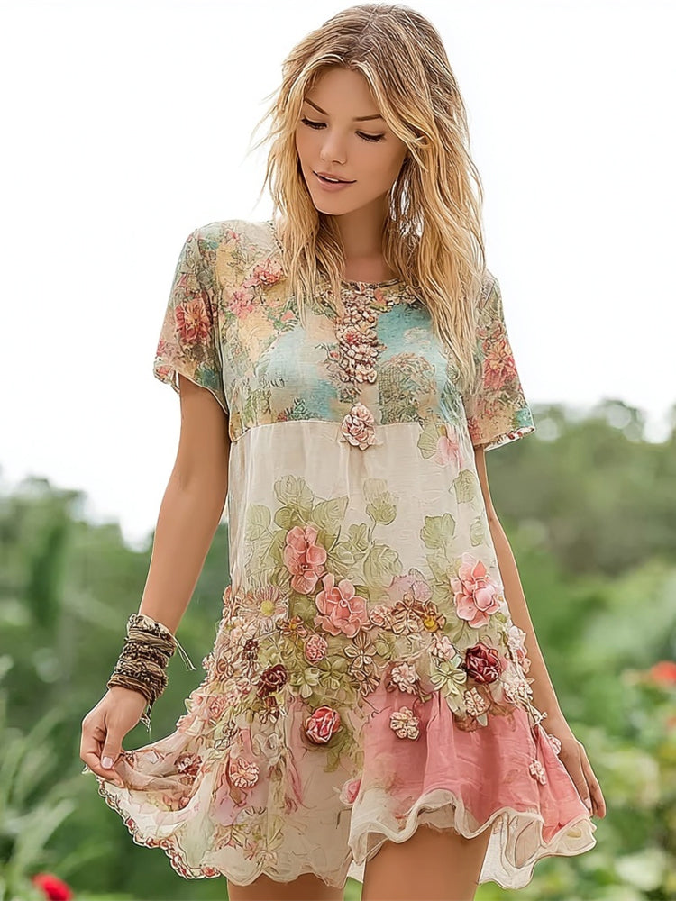 Vintage Boho Floral Women's Round Neck Short Sleeve Mini Dress elevenforest