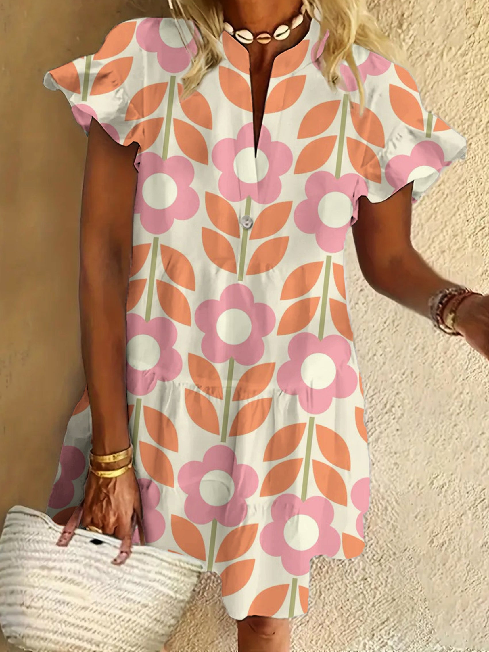 Vintage Floral Print Ruffled Short-sleeved V-neck Buttoned Dress Vacation Beach Dress