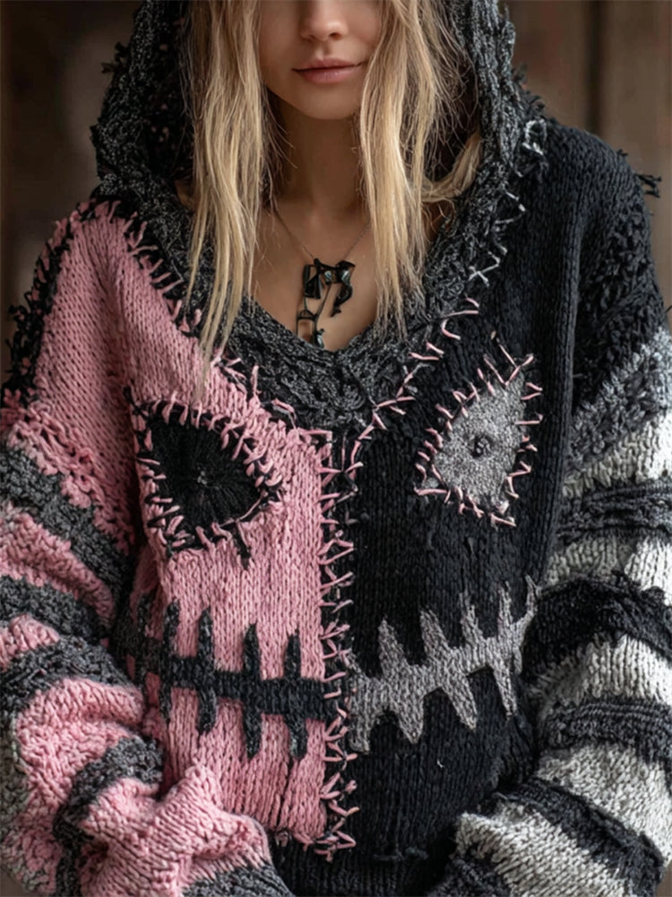 Halloween Spooky Face Contrast Stitched Knit Hooded Sweater elevenforest