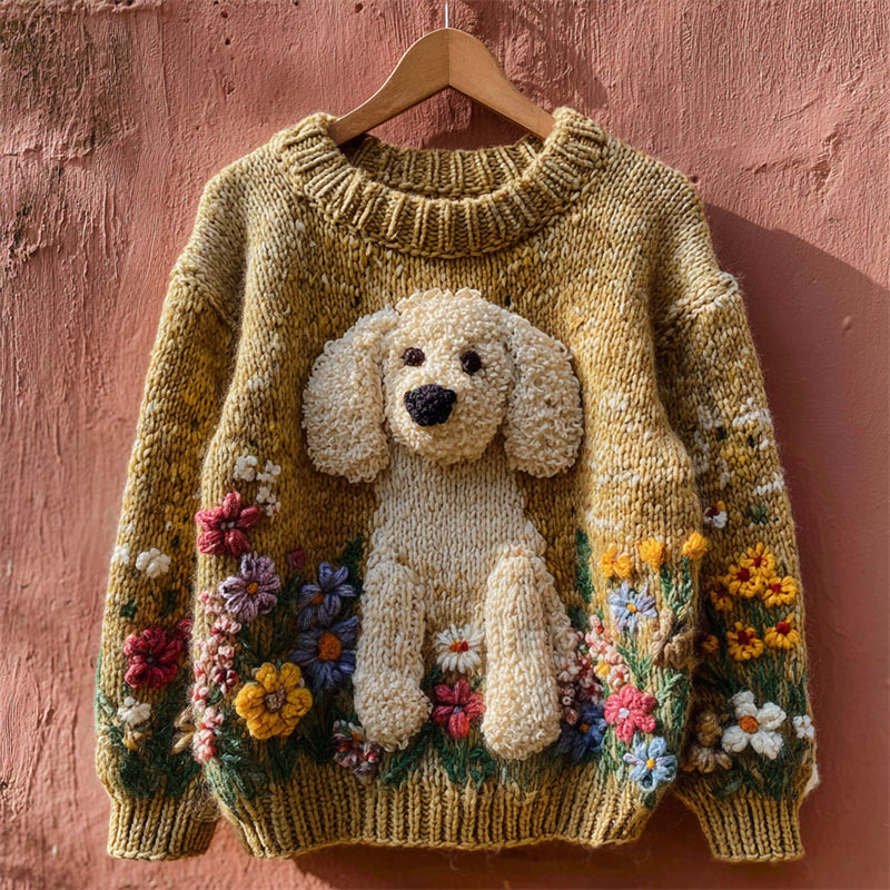Comstylish Vintage Fuzzy Dog Floral Crochet Cozy Knit Sweater