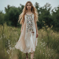 Women's Boho Floral Embroidery Art Linen Tank Dress elevenforest