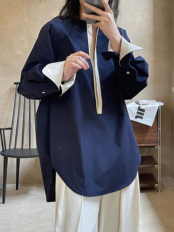 Urban Long Sleeves Loose Contrast Color Round-neck Blouses&shirts Tops