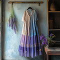 Vintage Lavender Patchwork Art Linen V Neck Midi Dress elevenforest