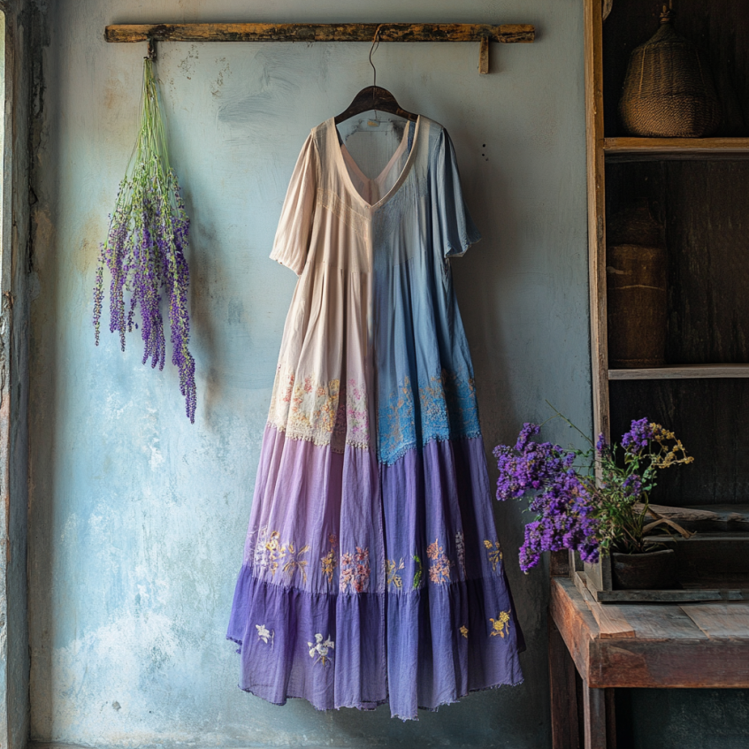 Vintage Lavender Patchwork Art Linen V Neck Midi Dress elevenforest