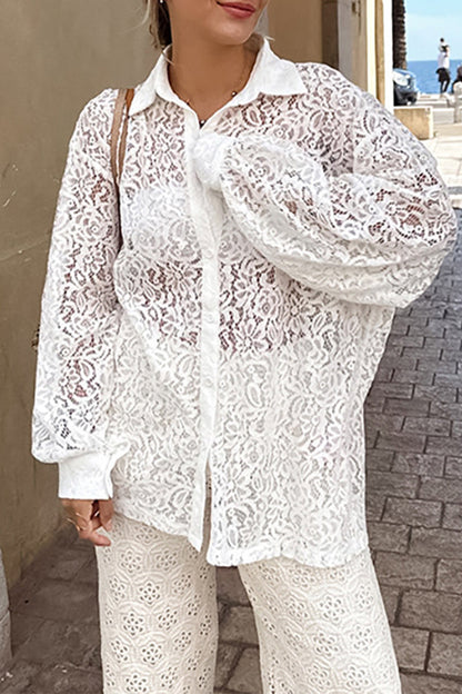 Lace Hollowed Out Turndown Collar Tops