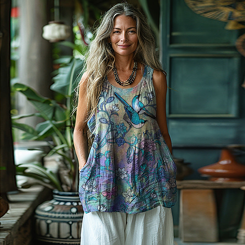 Women's Loose Birds And Floral Linen Sleeveless Tank Top elevenforest