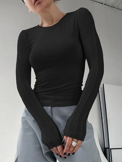 White Pleated Classic Basic Knitted Tees Inner Thin Pullover Tops Black Slim Office Lady T-shirts O-neck