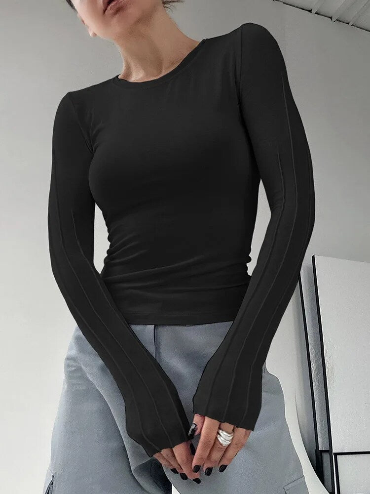 White Pleated Classic Basic Knitted Tees Inner Thin Pullover Tops Black Slim Office Lady T-shirts O-neck