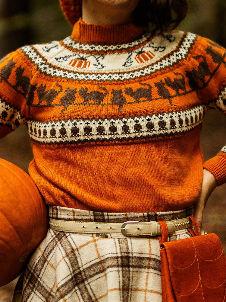 Halloween Black Cat Pumpkin Pattern Cozy Knit Sweater elevenforest