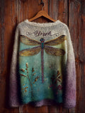 Comstylish Blessed Dragonfly Floral Gradient Color Cozy Knit Sweater