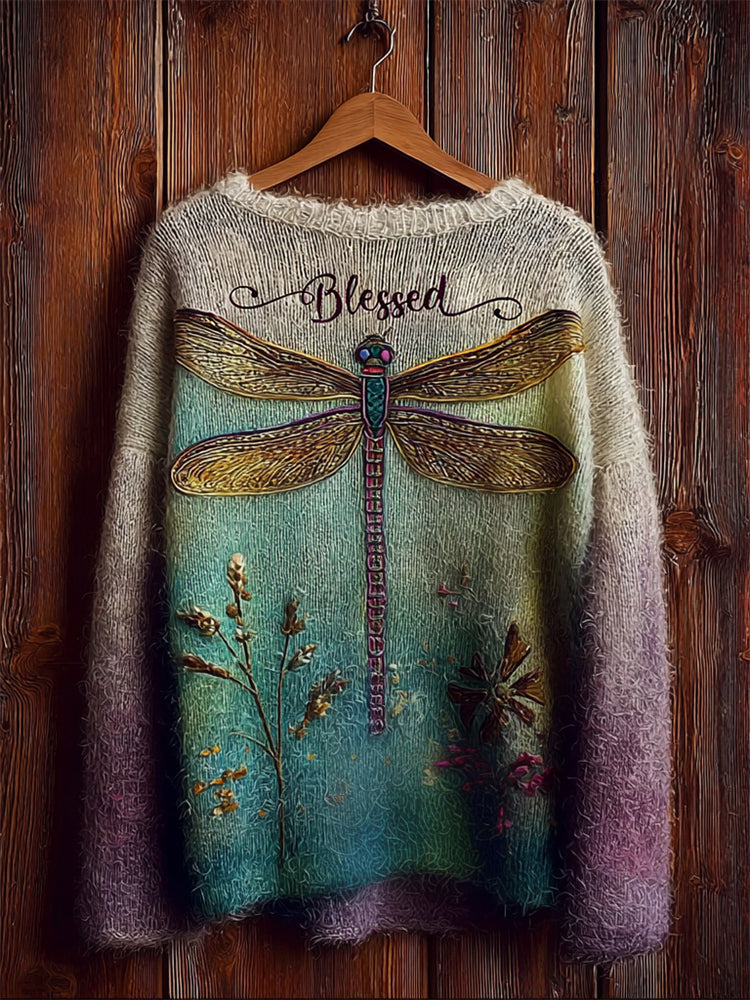 Comstylish Blessed Dragonfly Floral Gradient Color Cozy Knit Sweater