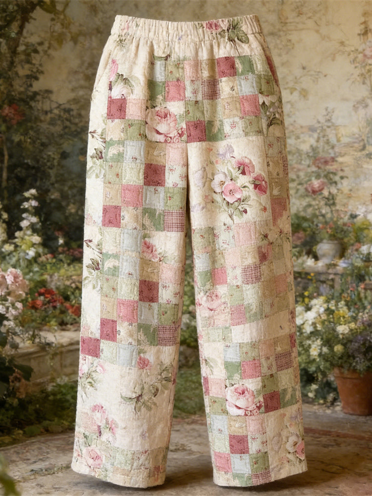 Boho Floral Patchwork Pattern Vintage Women's Linen Trousers elevenforest