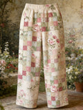 Boho Floral Patchwork Pattern Vintage Women's Linen Trousers elevenforest
