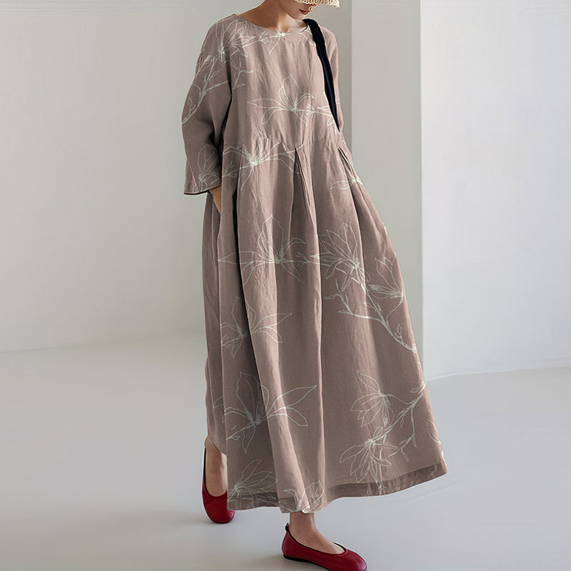 Japanese Art Flower Print Loose Casual Midi Dress elevenforest