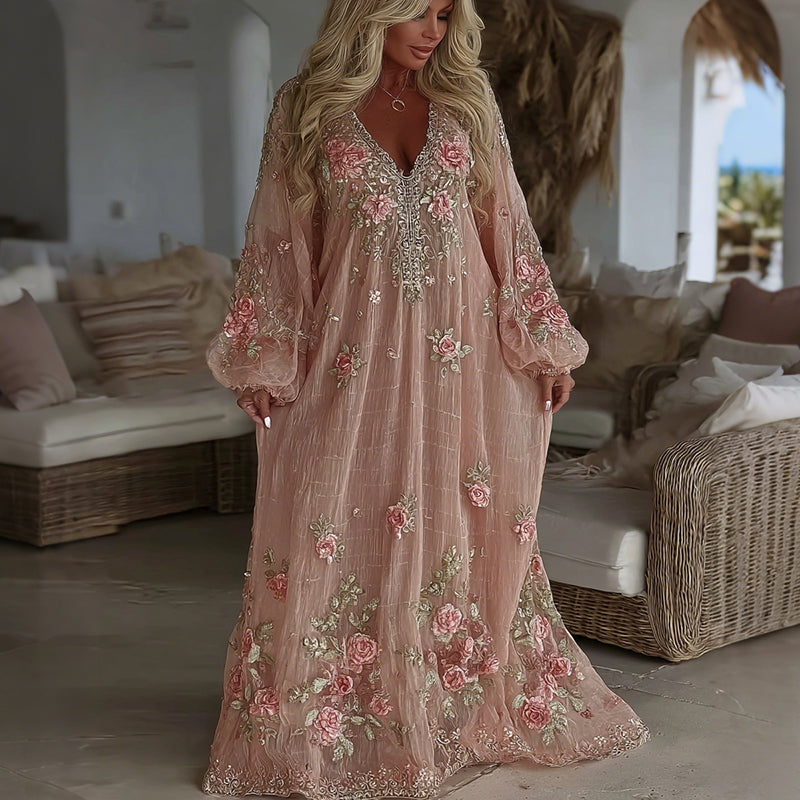 Women Vintage Pink Floral Art Linen Blend Casual Dress elevenforest