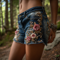 Women's Bohemian Style Three-dimensional Pink Flower Design Denim Shorts elevenforest