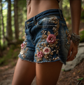 Women's Bohemian Style Three-dimensional Pink Flower Design Denim Shorts elevenforest