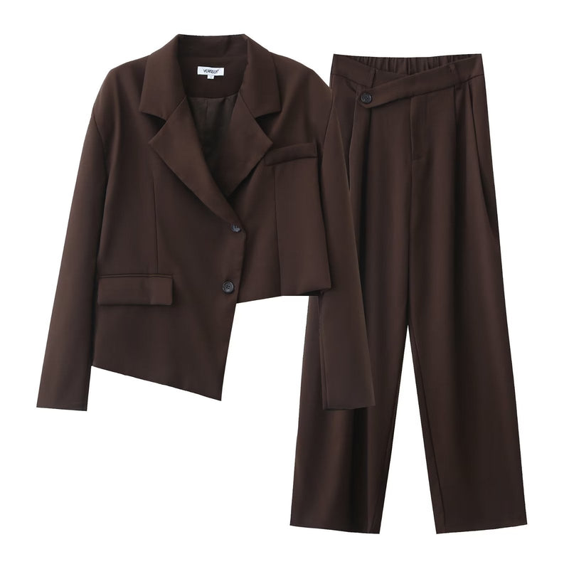 Autumn Winter Irregular Asymmetric Blazer High Waist Wide Leg Pants Set