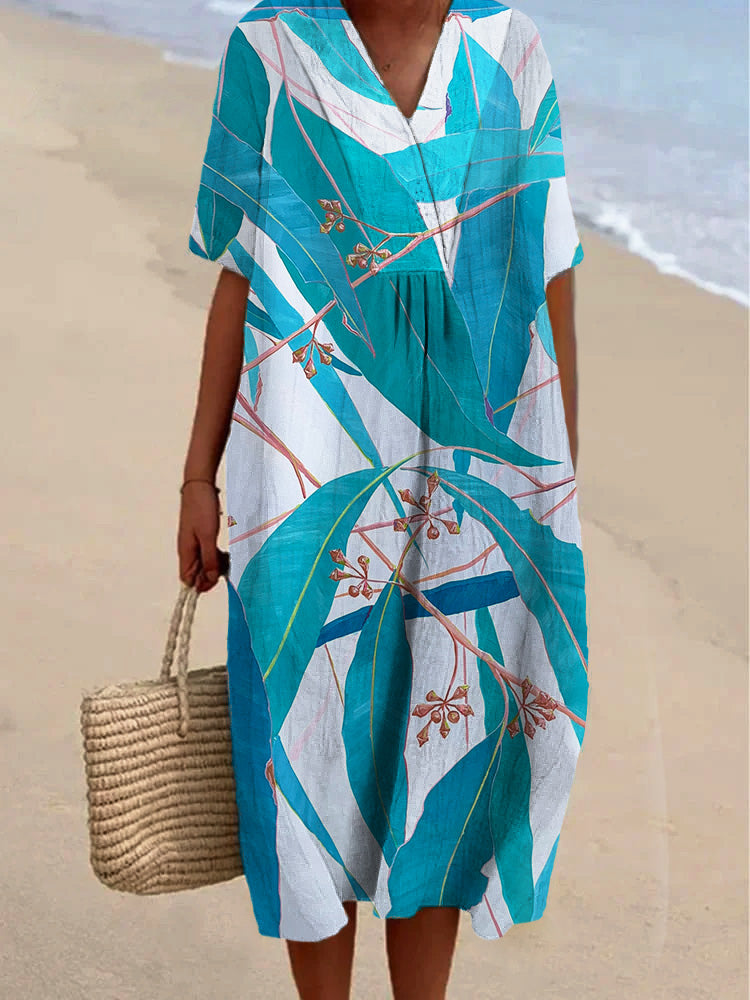 Simple And Stylish Leaves Printed Women's Casual Cotton And Linen