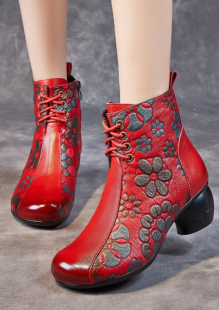 Retro Leather Flower Print Chunky Heel Boots