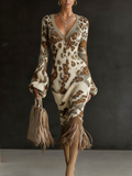 Printed Textured Knitted Tassel Hem Long Sleeve Midi Dress