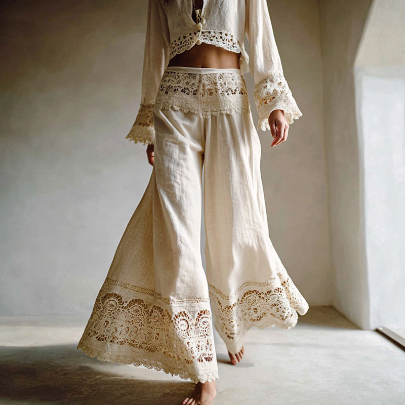 Women's Vintage Lace-paneled Casual Linen Pants elevenforest