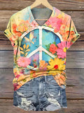 Women's Colorful Flower & Peace Sign Print V-neck Casual T-Shirt