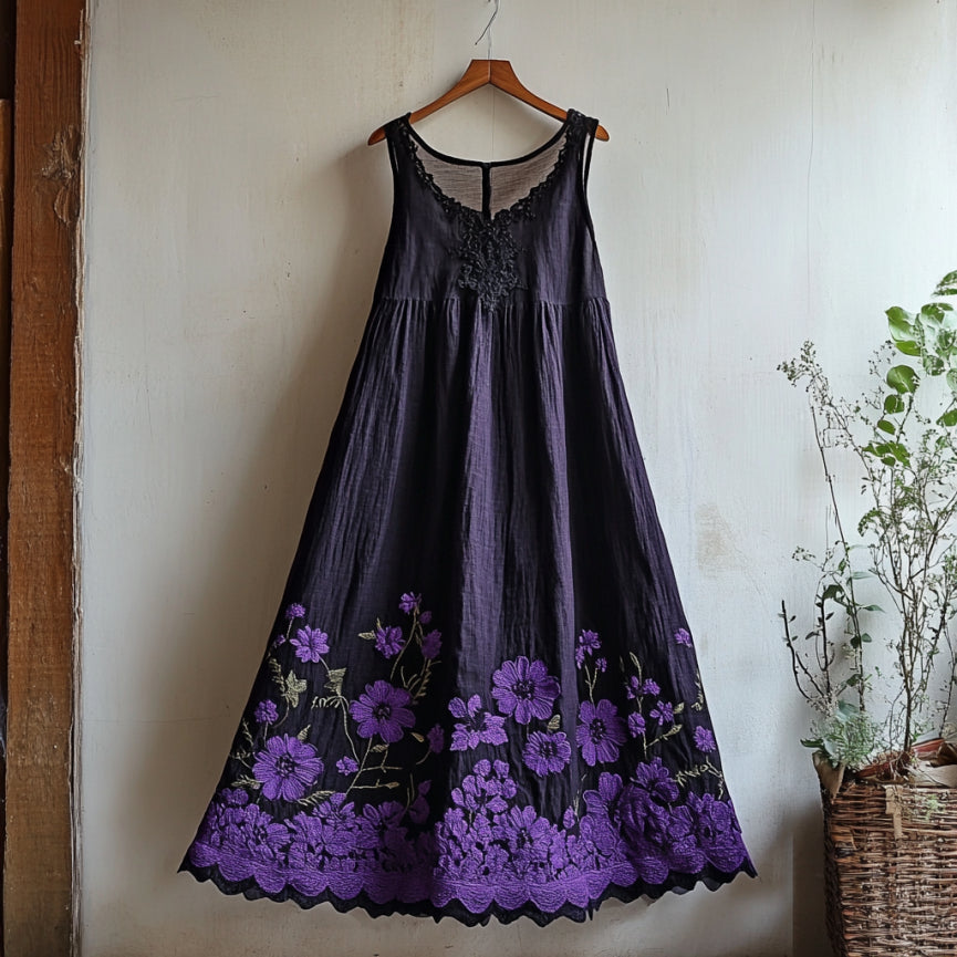 Vintage Bohemian Floral Embroidery Art Linen Sleeveless Maxi Dress elevenforest