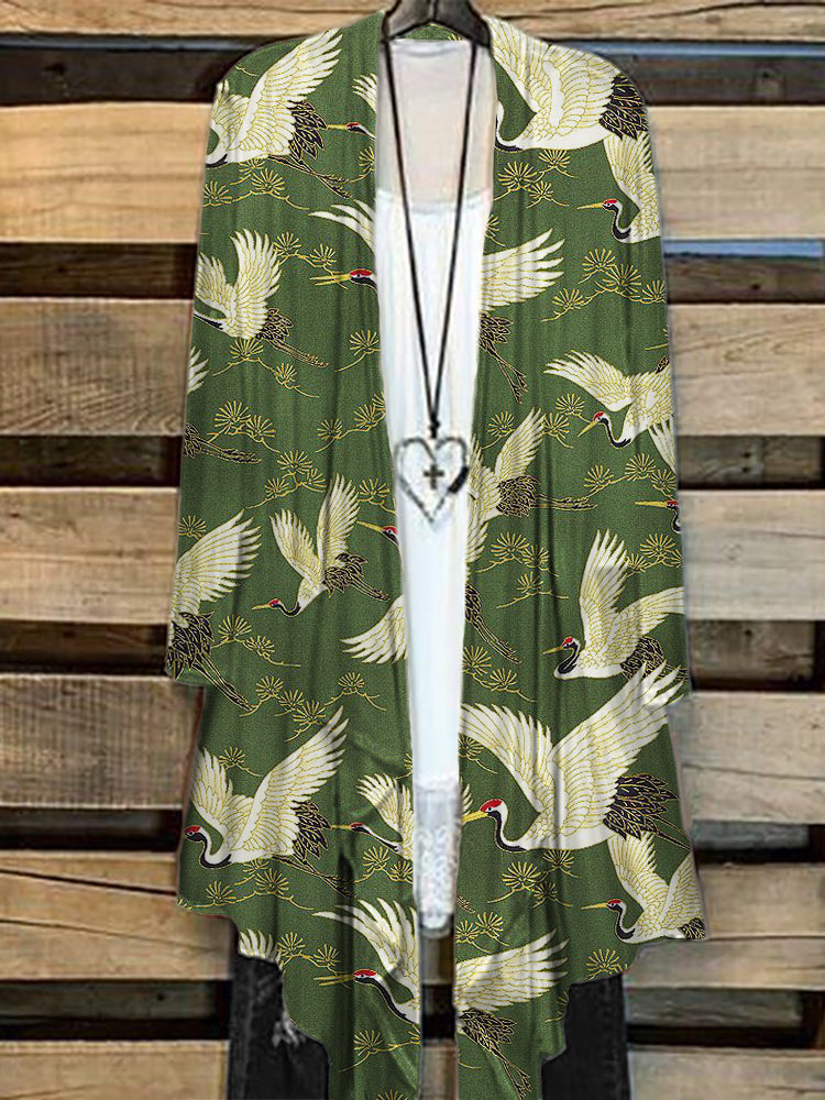 Cranes & Pine Trees Japanese Traditional Pattern Flowy Kimono Cardigan elevenforest