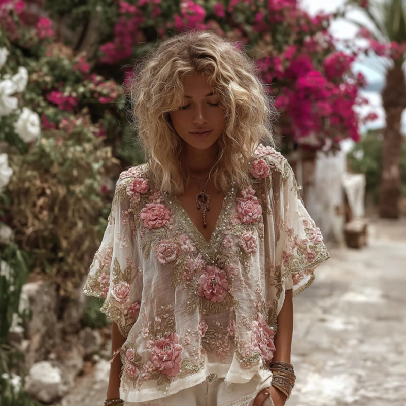 Vintage Pink Rose Embroidery Linen Short Sleeve T-shirt elevenforest