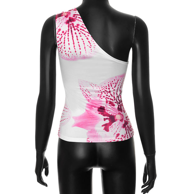 Cutenova Print Fitted Tops Resort Wear Graphic Tees Summer One Shoulder Slash Backless Tank Top