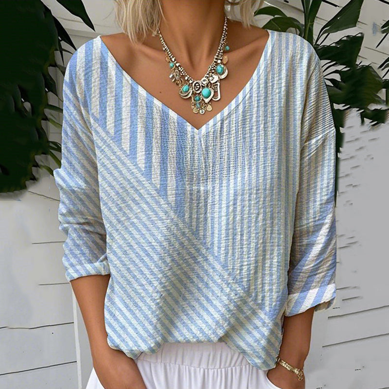 Striped V-neck Linen Blend T-shirt elevenforest