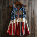 Women's Vintage Independent Day American Flag With Tree Of Life  Art Linen Sleeveless Tank Top elevenforest