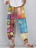 Women's Multicolor Button Design Patchwork Linen Blend Pants elevenforest