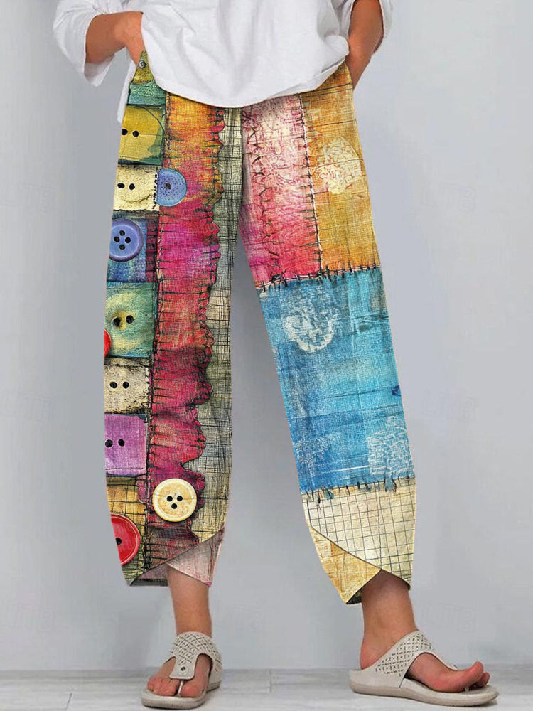 Women's Multicolor Button Design Patchwork Linen Blend Pants elevenforest