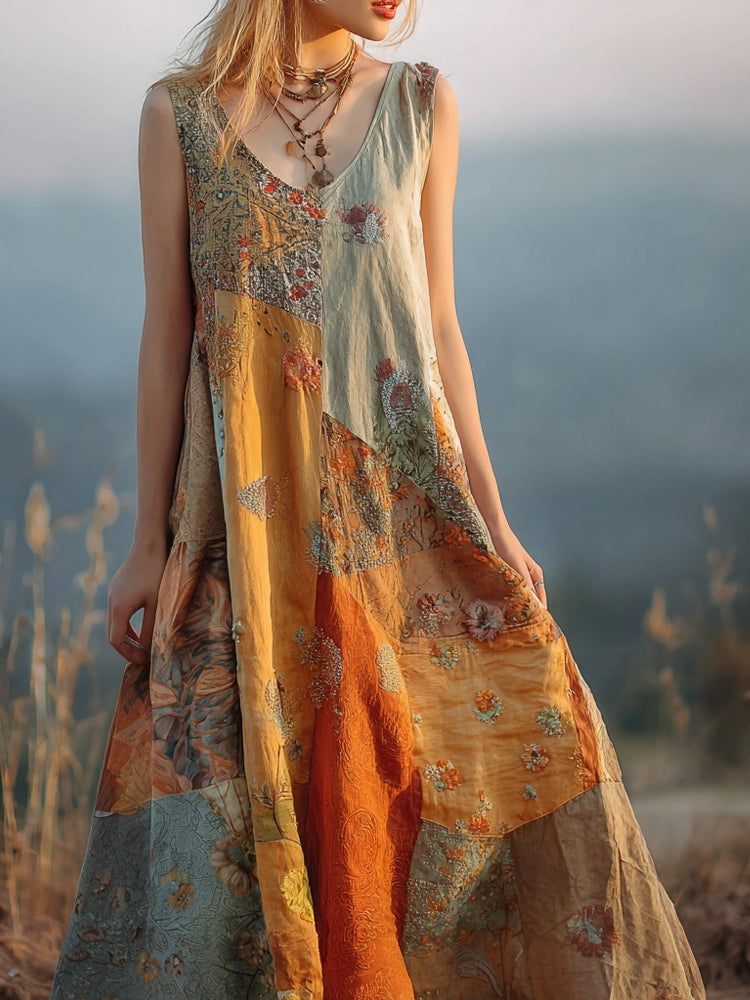Boho Floral Embroidered Sunset Inspired Patchwork Linen Maxi Dress elevenforest