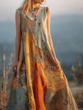 Boho Floral Embroidered Sunset Inspired Patchwork Linen Maxi Dress elevenforest
