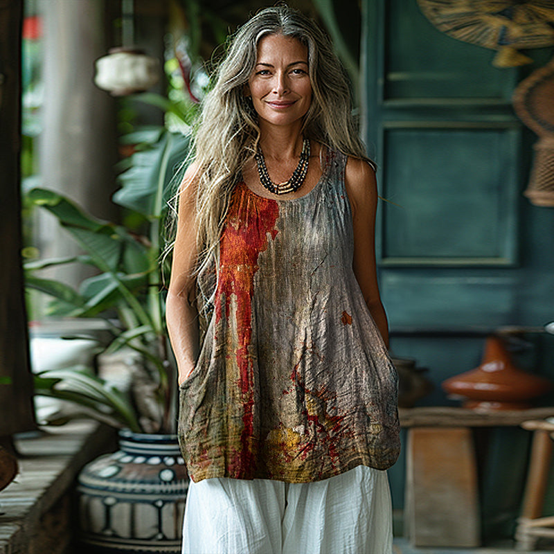 Vintage Rust Art Print V-neck Linen Blend Casual Tank Top elevenforest